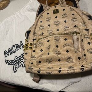 MCM Beige Logo Backpack with Gold Accents